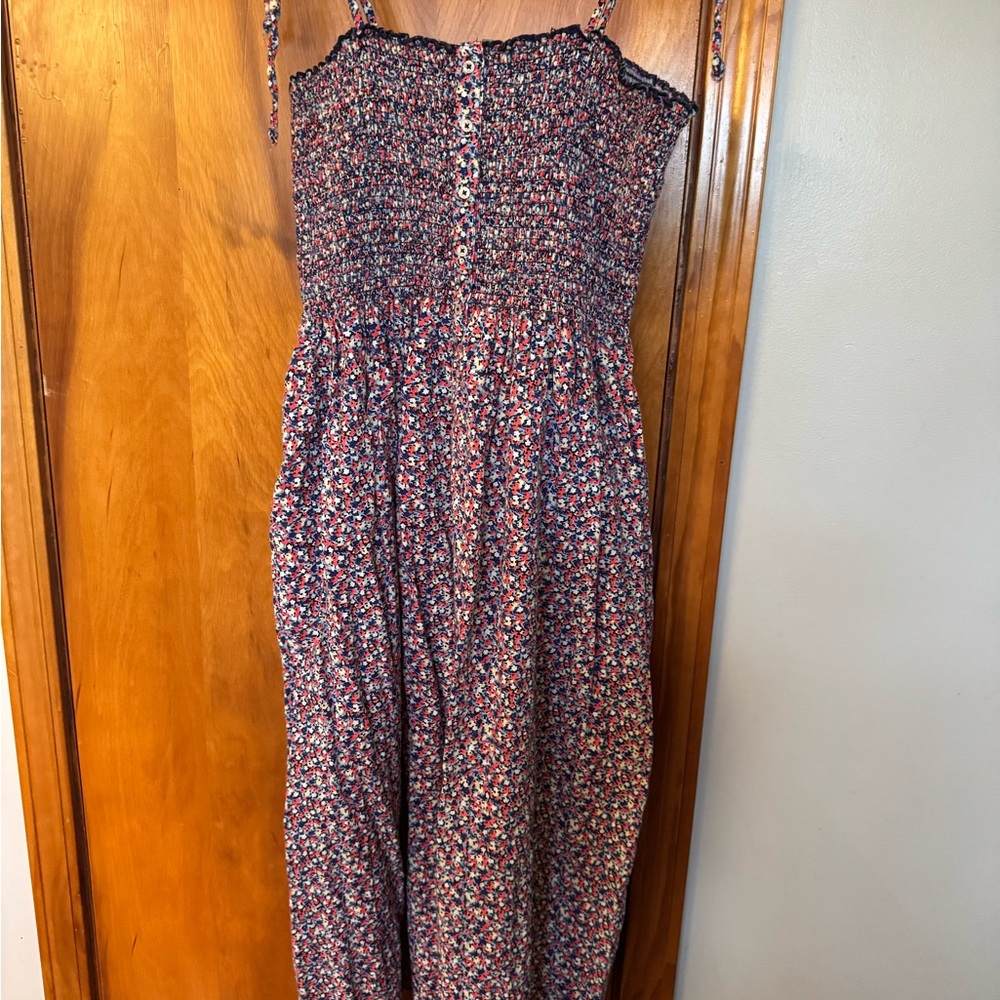 Aerie Ruched Pleated Midi Sundress in Red and Blue